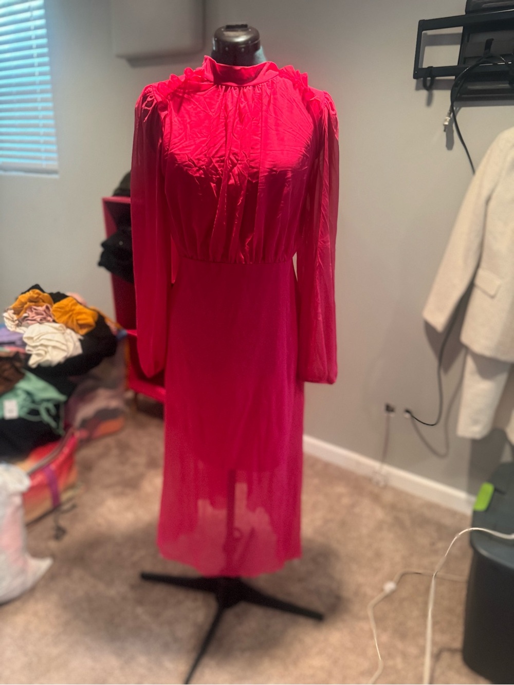 River Island Hot Pink Long Sleeve Ruffle Neck Midi Dress